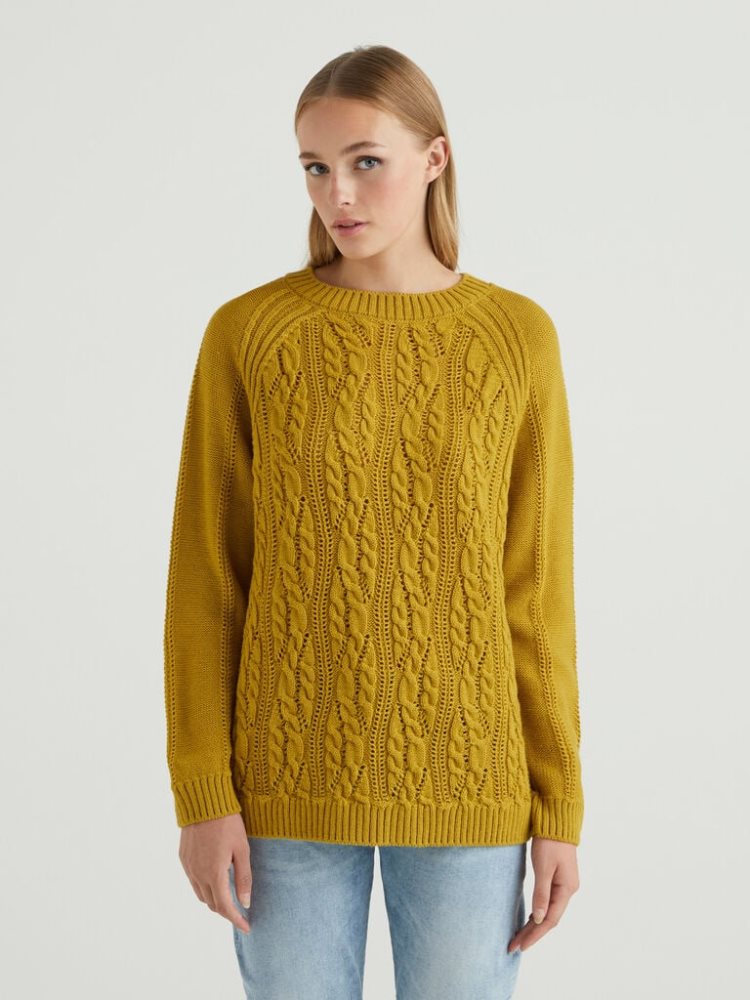 Benetton Cable Knit And Perforations Crew Neck Sweaters Dames Geel | BE770395