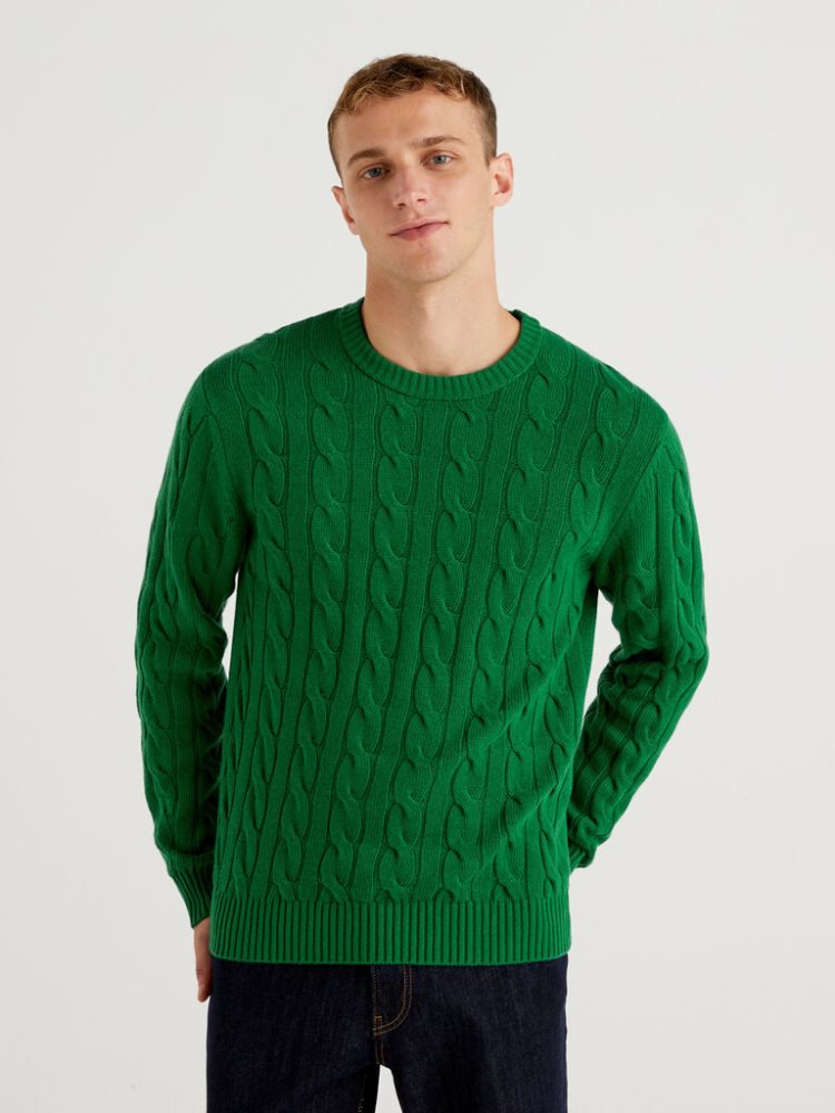 Benetton Cable Knit Cashmere Blend Crew Neck Sweaters Heren Groen | BE494311