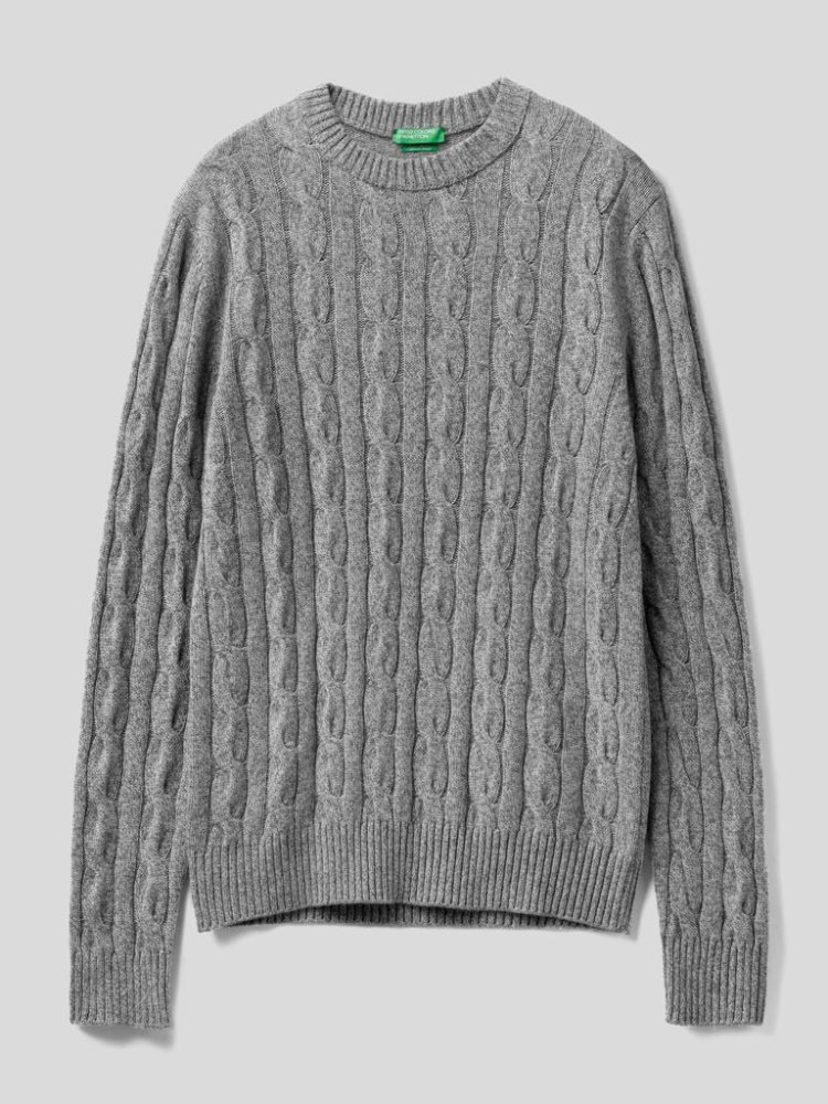 Benetton Cable Knit Cashmere Blend Crew Neck Sweaters Heren Grijs | BE517506