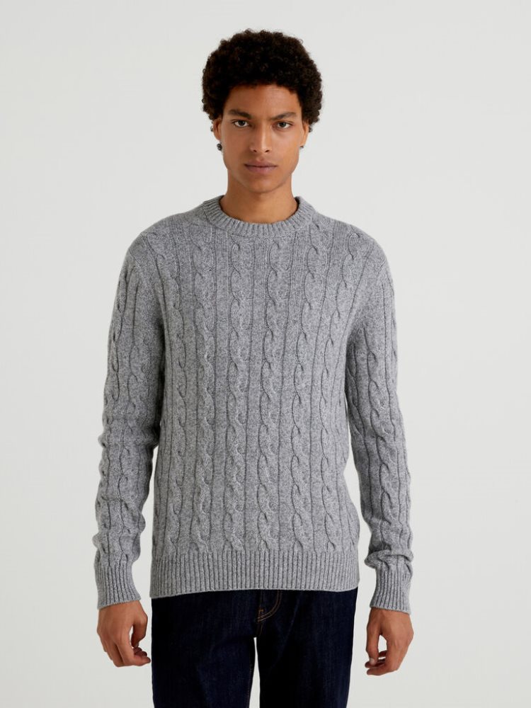 Benetton Cable Knit Cashmere Blend Crew Neck Sweaters Heren Grijs | BE517506