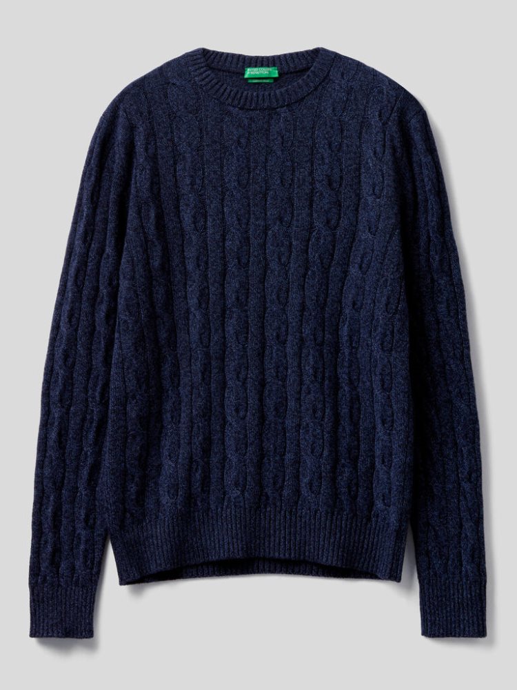 Benetton Cable Knit Cashmere Blend Crew Neck Sweaters Heren Donkerblauw | BE759868