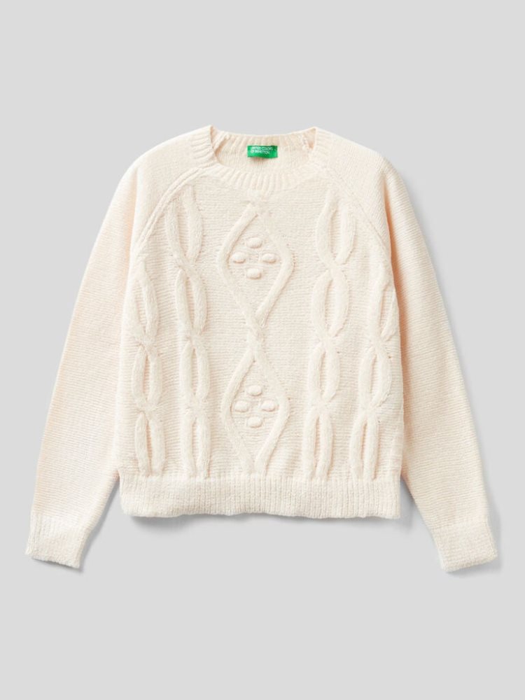 Benetton Cable Knit Chenille Truien Kinderen Wit | BE907559