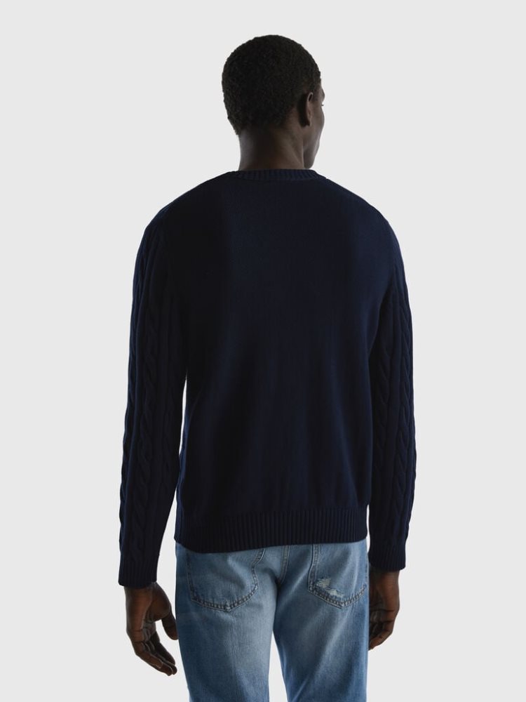 Benetton Cable Knit Crew Neck Sweaters Heren Donkerblauw | BE237224