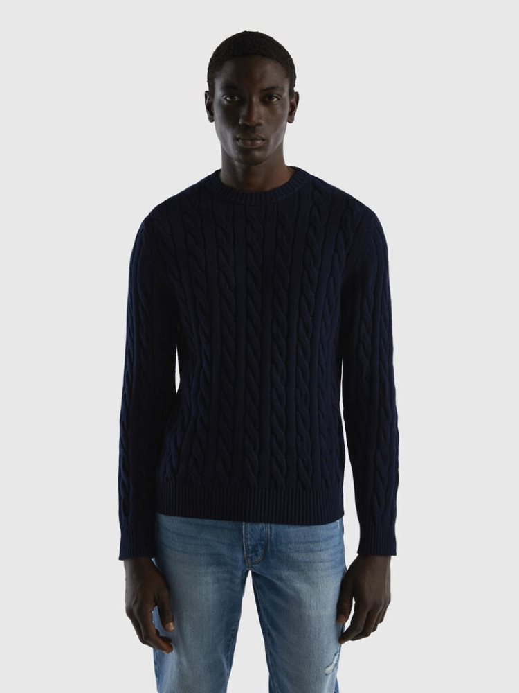 Benetton Cable Knit Crew Neck Sweaters Heren Donkerblauw | BE237224