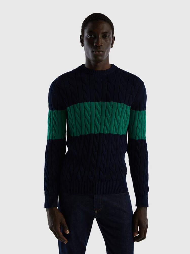 Benetton Cable Knit Crew Neck Sweaters Heren Donkerblauw | BE312032