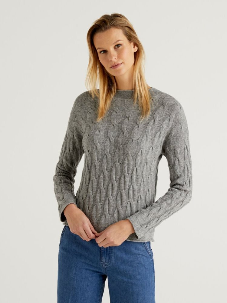 Benetton Cable Knit High Neck Sweaters Dames Lichtgrijs | BE075171