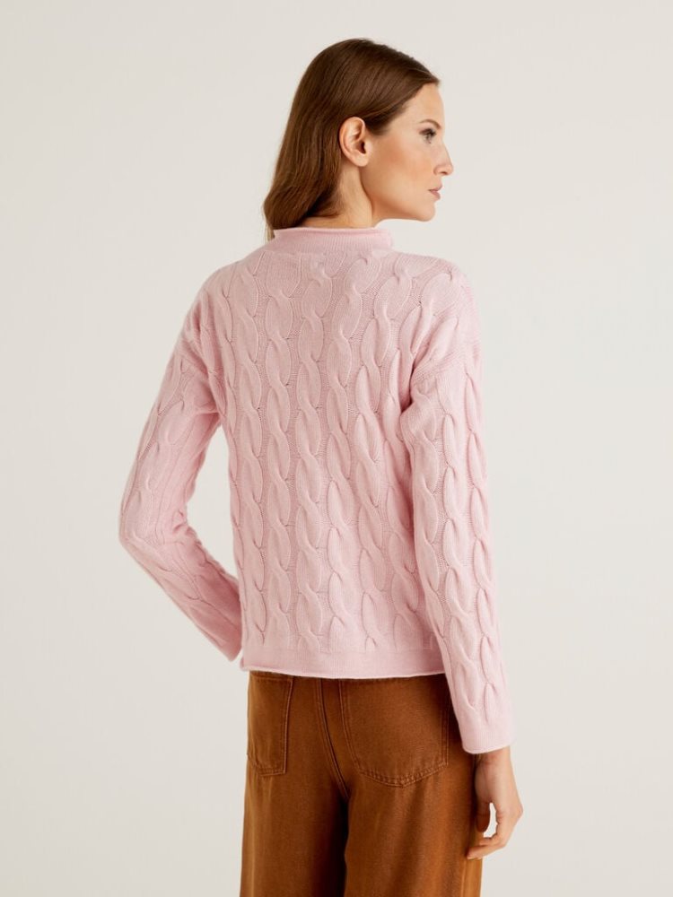 Benetton Cable Knit High Neck Sweaters Dames Roze | BE296304