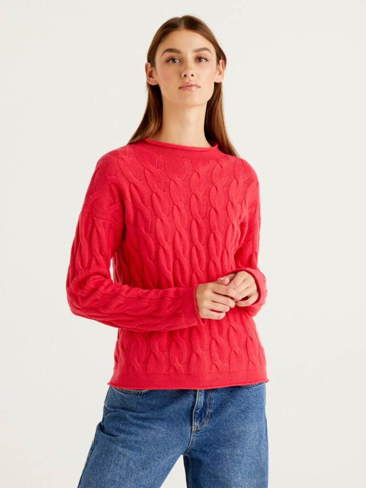 Benetton Cable Knit High Neck Sweaters Dames Fuchsie | BE333570