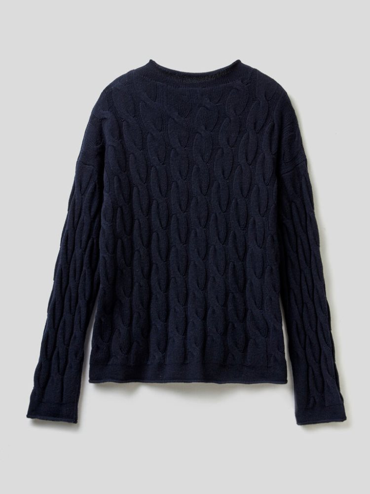 Benetton Cable Knit High Neck Sweaters Dames Donkerblauw | BE507332