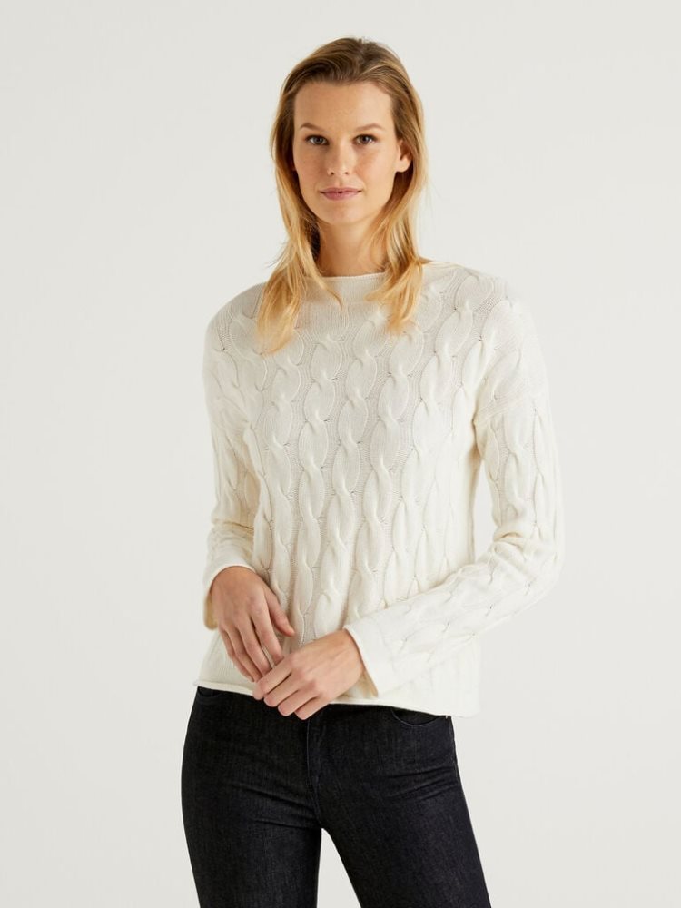 Benetton Cable Knit High Neck Sweaters Dames Wit | BE510084