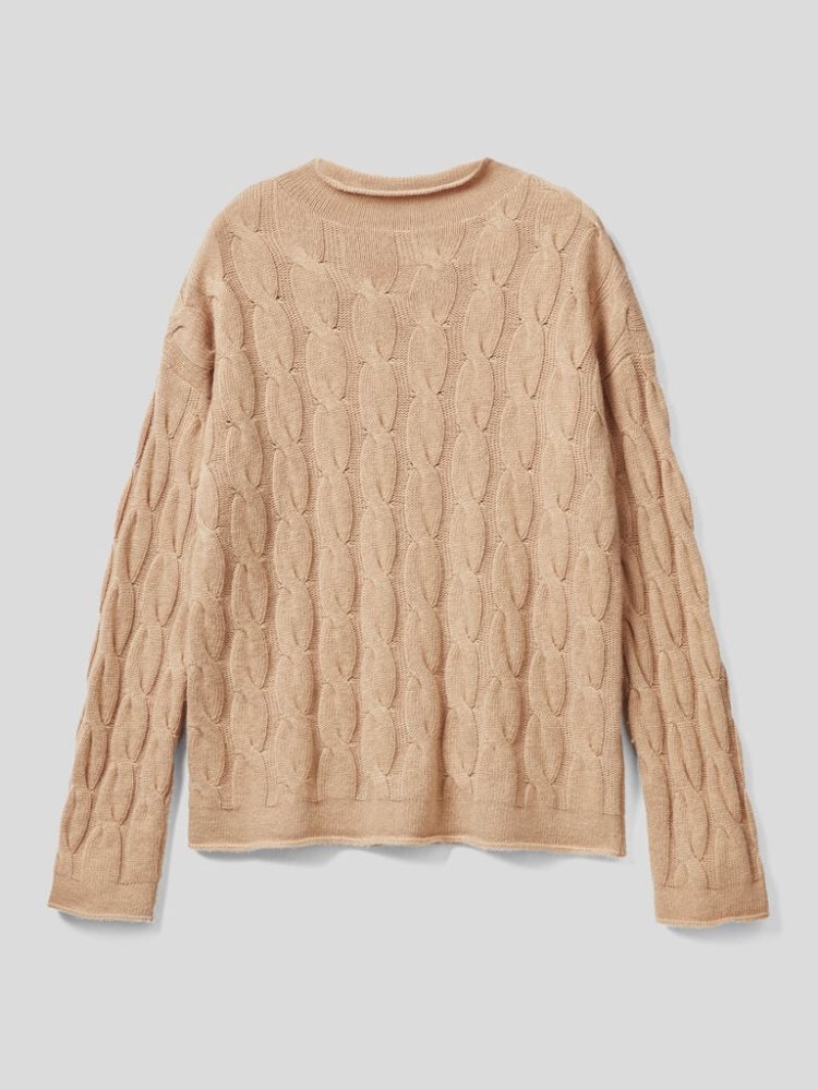 Benetton Cable Knit High Neck Sweaters Dames Camel | BE979981