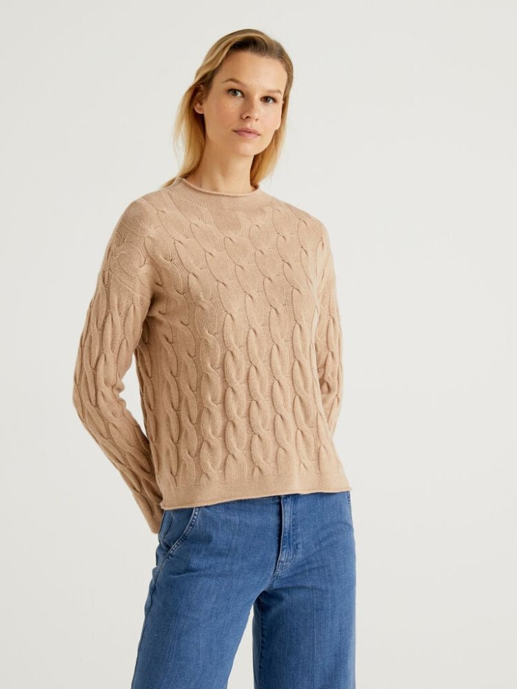 Benetton Cable Knit High Neck Sweaters Dames Camel | BE979981