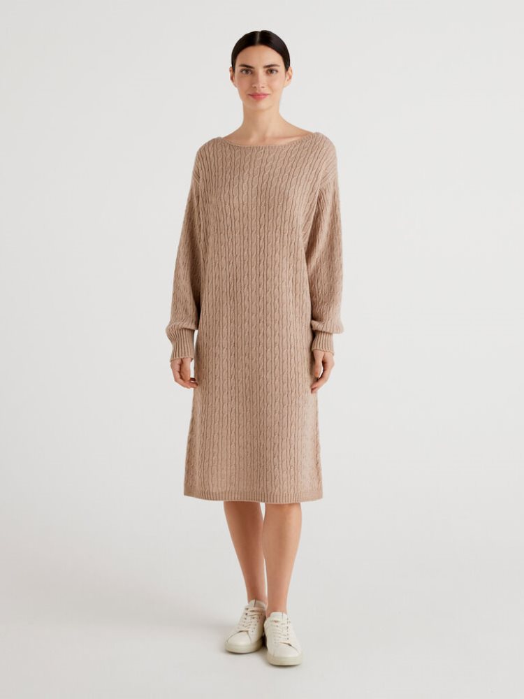 Benetton Cable Knit Midi Jurken Dames Beige | BE799955