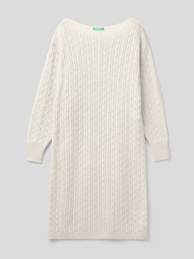 Benetton Cable Knit Midi Jurken Dames Wit | BE221546