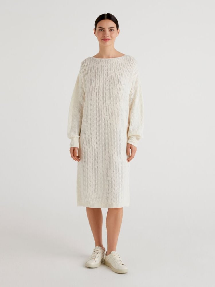 Benetton Cable Knit Midi Jurken Dames Wit | BE221546