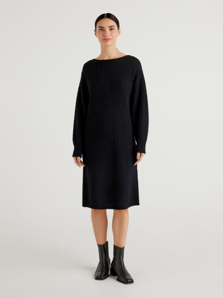 Benetton Cable Knit Midi Jurken Dames Zwart | BE153236