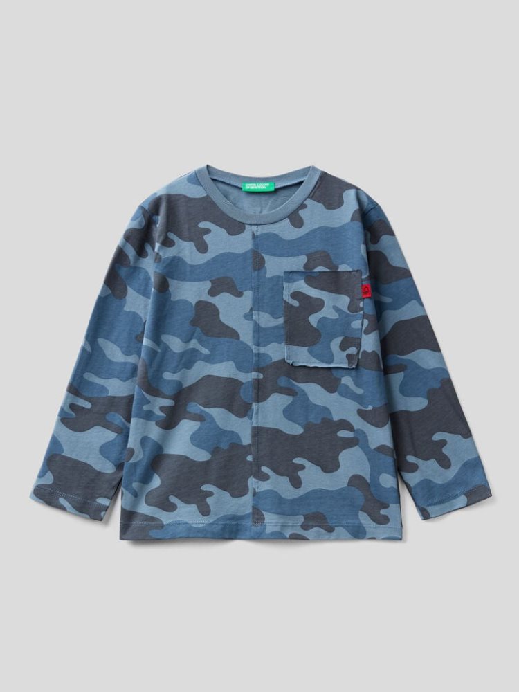 Benetton Camouflage Breast Pocket Long Sleeve T-shirts Kinderen Blauw | BE084860