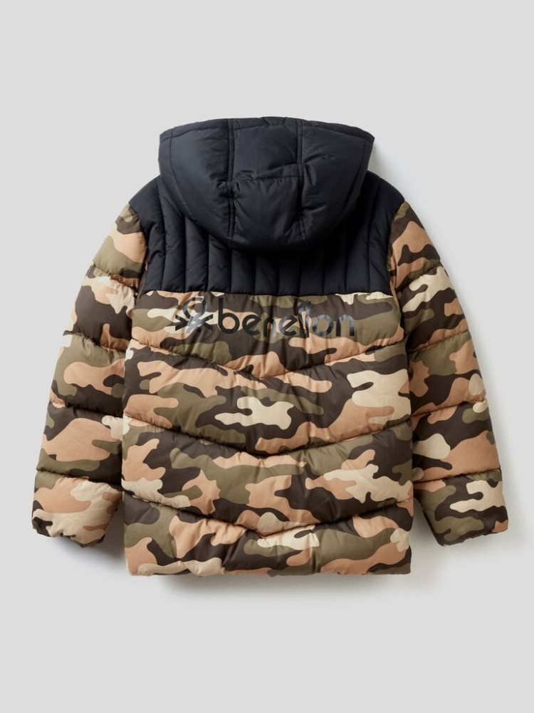 Benetton Camouflage Pattern Puffer Padded Jackets Kinderen Groen | BE252856