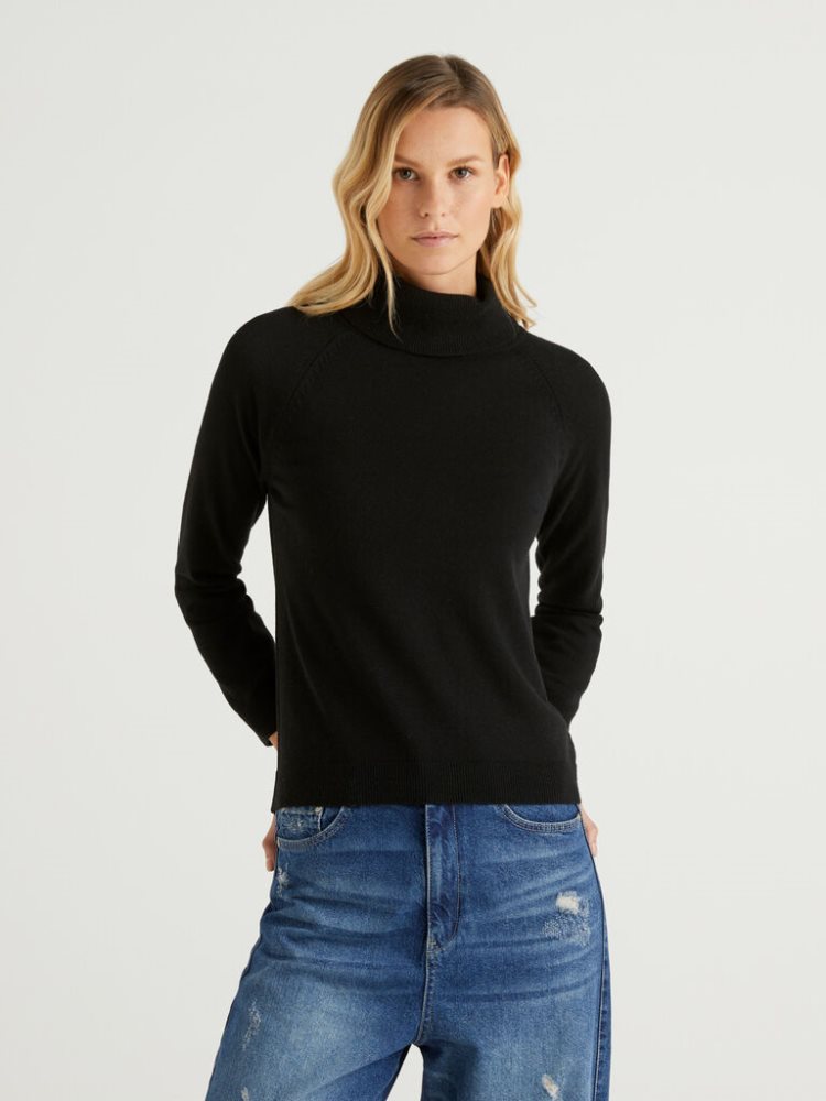 Benetton Cashmere And Wol Blend Turtleneck High Neck Sweaters Dames Zwart | BE278436