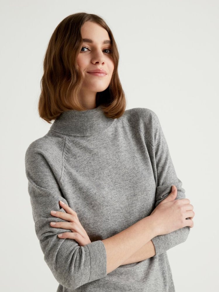 Benetton Cashmere And Wol Blend Turtleneck High Neck Sweaters Dames Lichtgrijs | BE419250