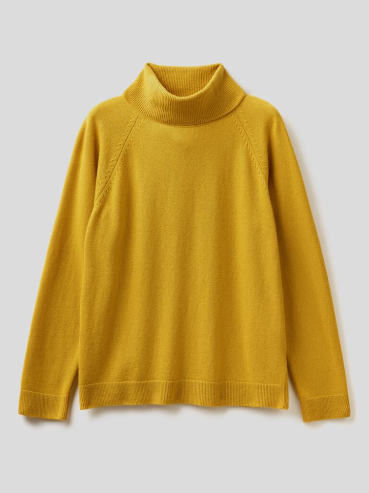 Benetton Cashmere And Wol Blend Turtleneck High Neck Sweaters Dames Geel | BE569077