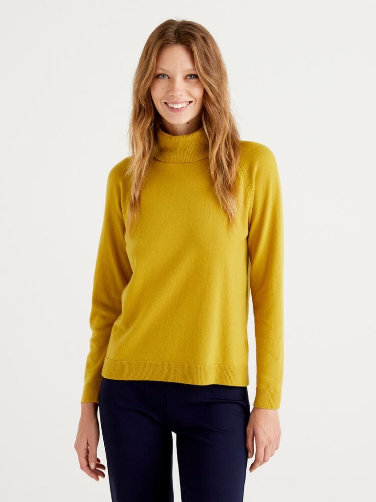 Benetton Cashmere And Wol Blend Turtleneck High Neck Sweaters Dames Geel | BE569077