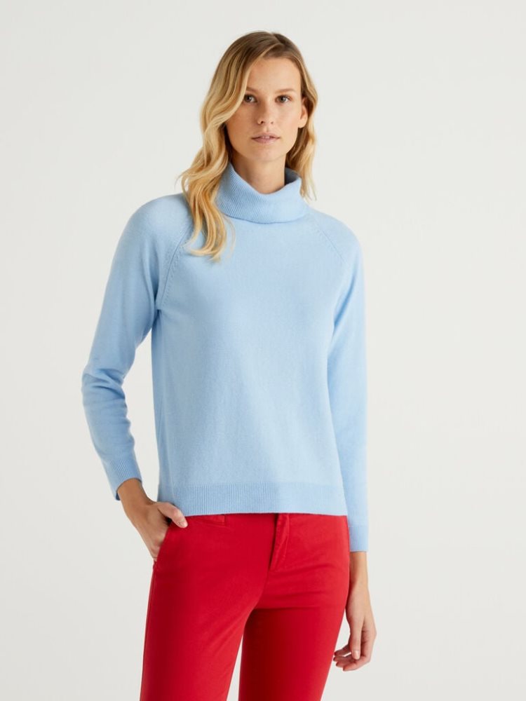 Benetton Cashmere And Wol Blend Turtleneck High Neck Sweaters Dames Lichtblauw | BE598218