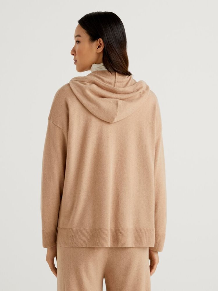 Benetton Cashmere Blend Hood Cardigan Dames Camel | BE555047