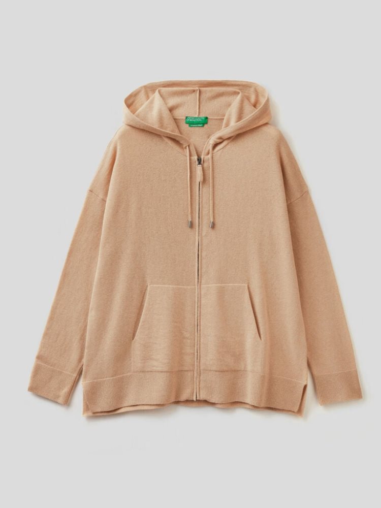 Benetton Cashmere Blend Hood Cardigan Dames Camel | BE555047