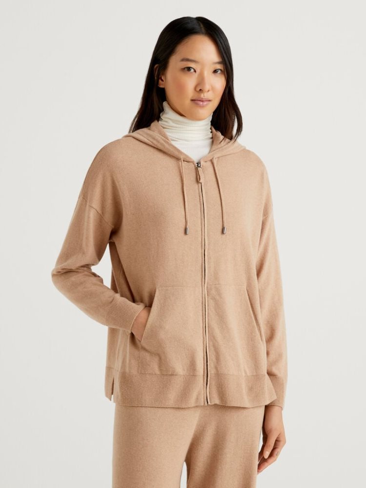 Benetton Cashmere Blend Hood Cardigan Dames Camel | BE555047