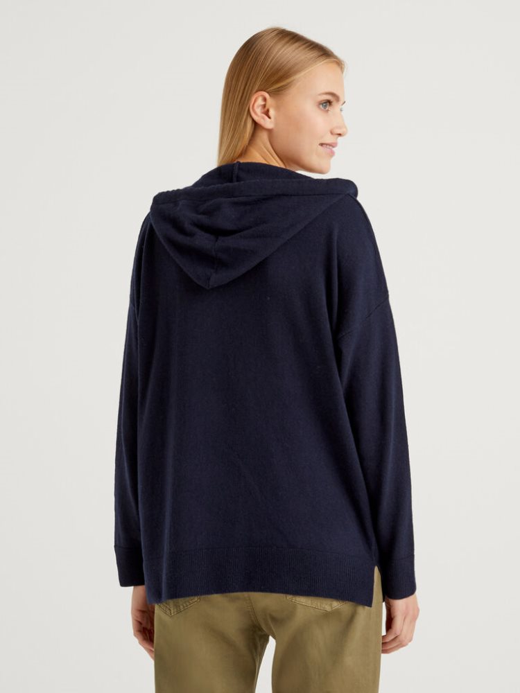 Benetton Cashmere Blend Hood V-neck Sweaters Dames Donkerblauw | BE913994