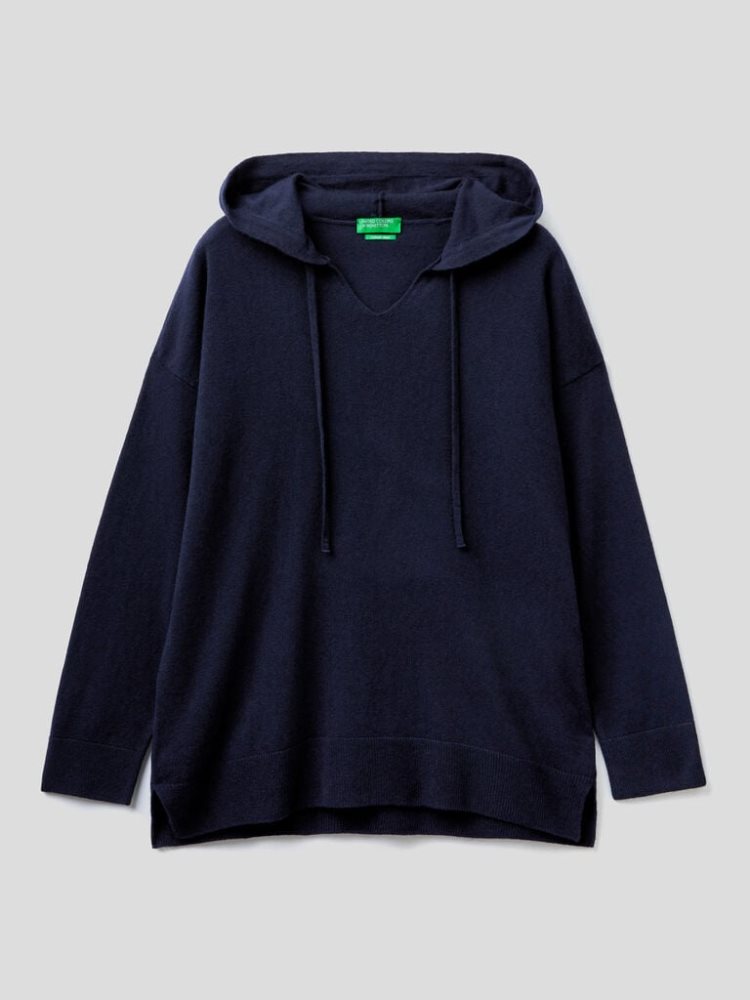 Benetton Cashmere Blend Hood V-neck Sweaters Dames Donkerblauw | BE913994