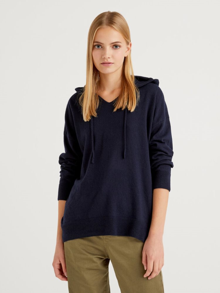 Benetton Cashmere Blend Hood V-neck Sweaters Dames Donkerblauw | BE913994