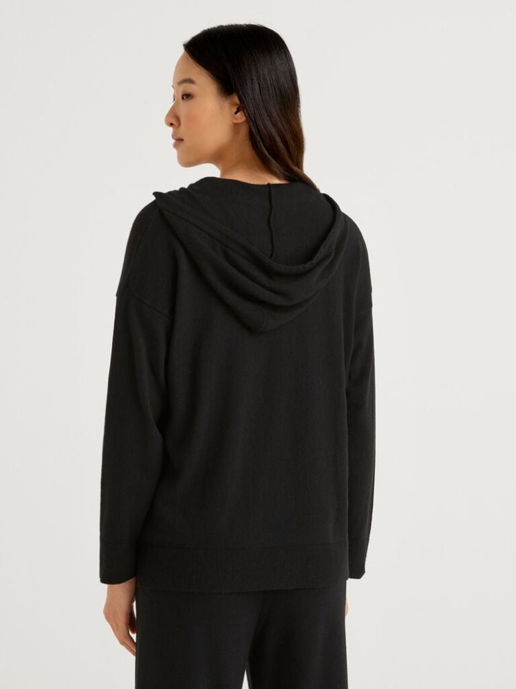 Benetton Cashmere Blend Hood V-neck Sweaters Dames Zwart | BE934866