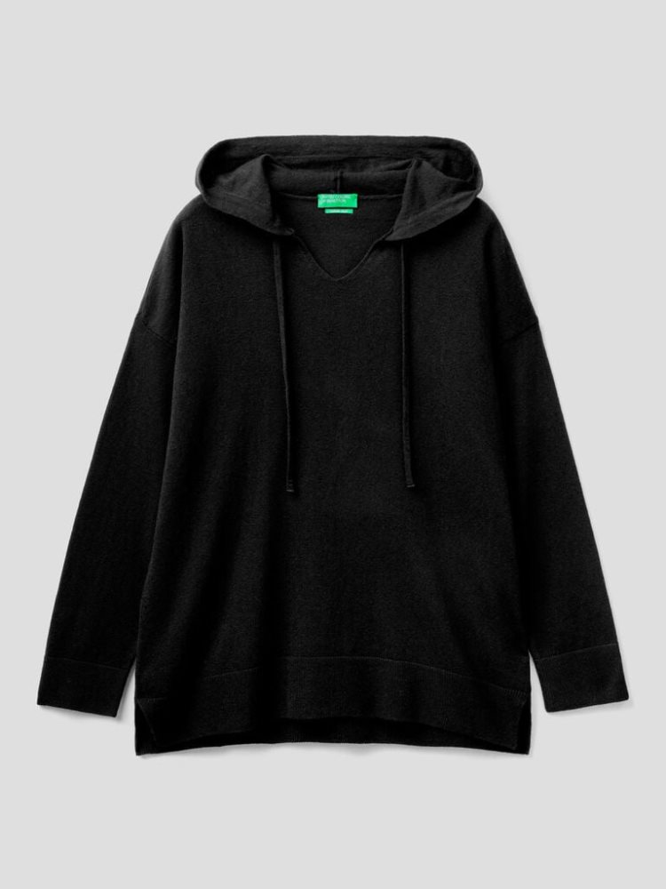 Benetton Cashmere Blend Hood V-neck Sweaters Dames Zwart | BE934866