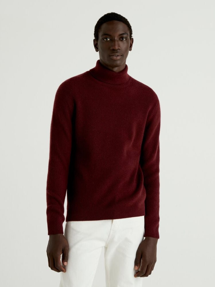 Benetton Cashmere Blend Turtleneck High Neck Sweaters Heren Bordeaux | BE071585