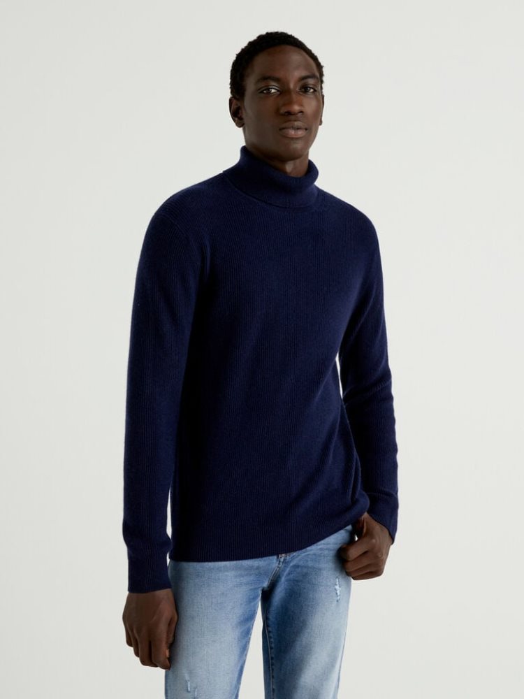 Benetton Cashmere Blend Turtleneck High Neck Sweaters Heren Donkerblauw | BE121527