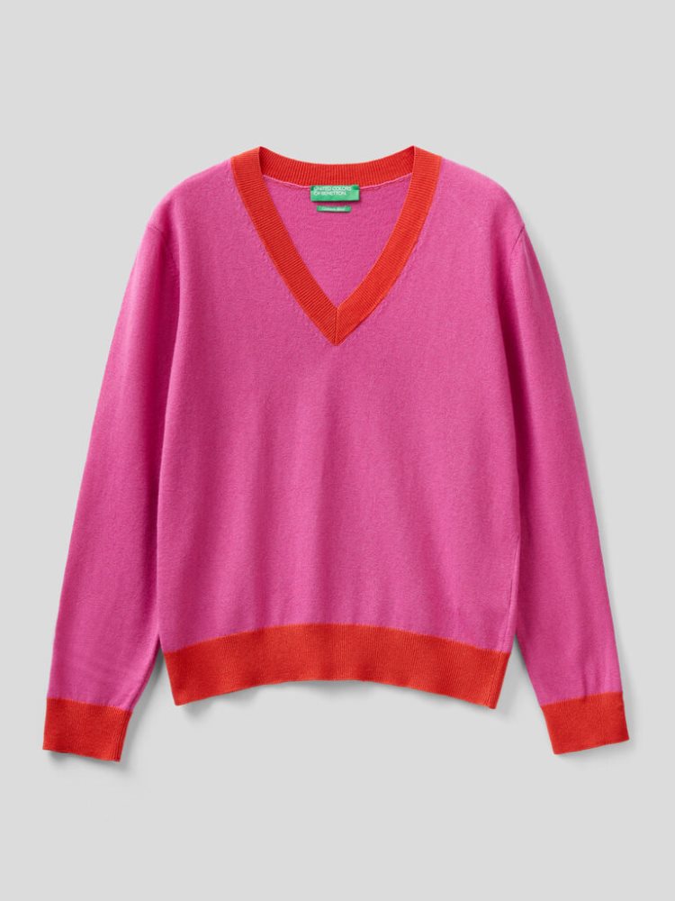 Benetton Cashmere Blend V-neck Truien Dames Roze | BE135247