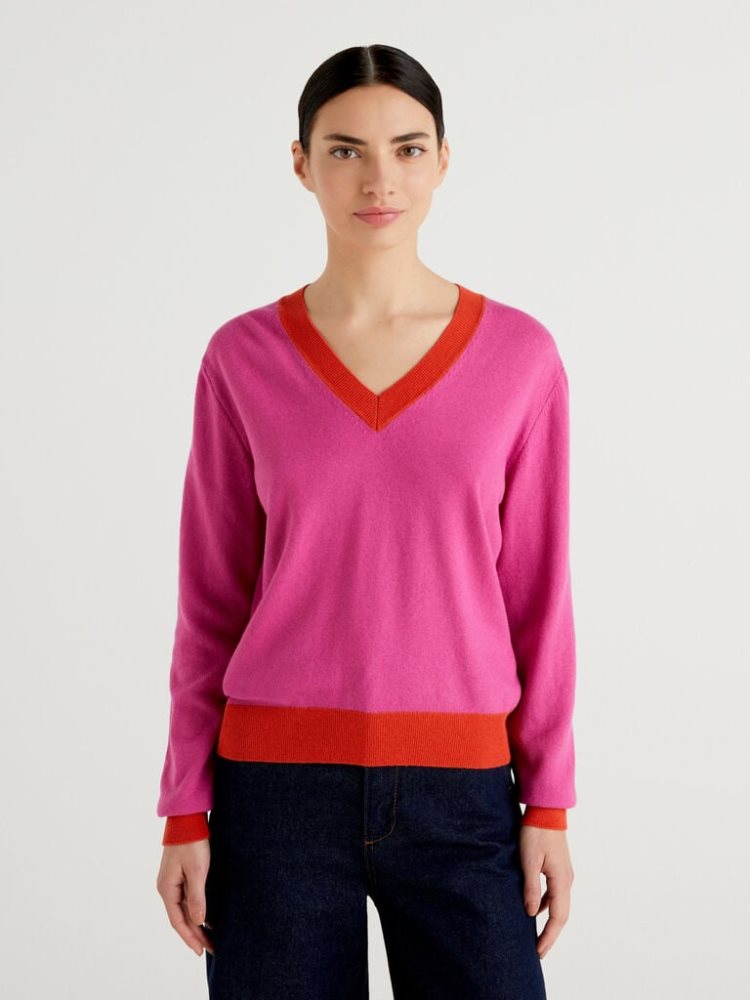 Benetton Cashmere Blend V-neck Truien Dames Roze | BE135247