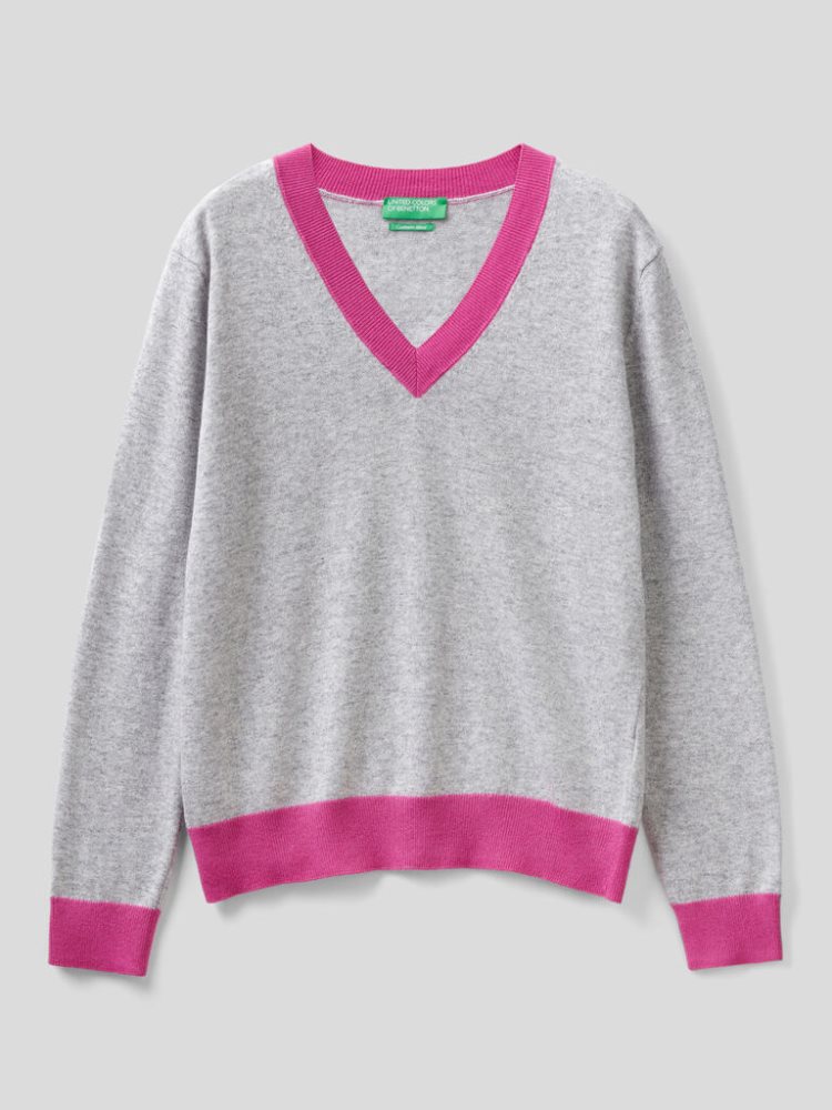 Benetton Cashmere Blend V-neck Truien Dames Lichtgrijs | BE339726