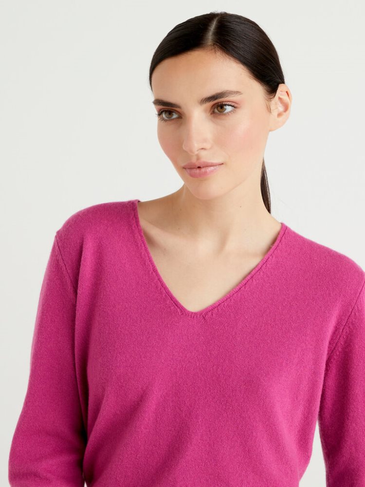 Benetton Cashmere Blend V-neck Truien Dames Cyclamen | BE831279