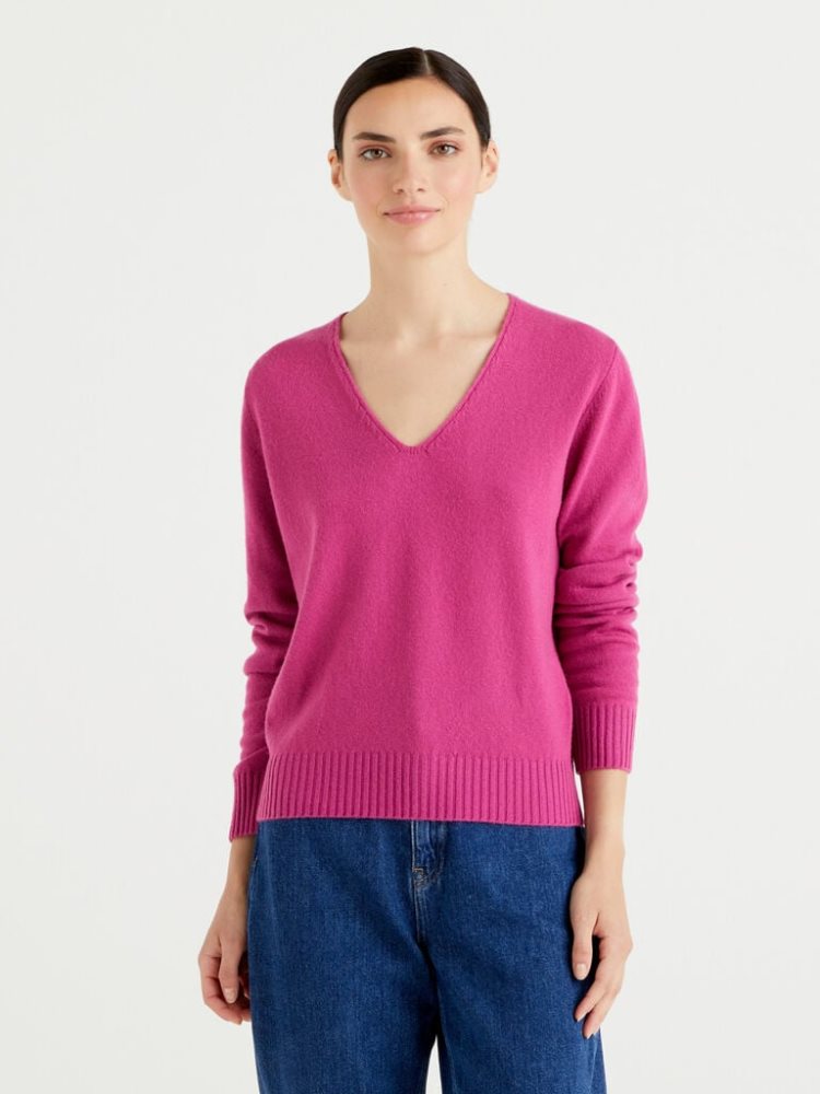 Benetton Cashmere Blend V-neck Truien Dames Cyclamen | BE831279