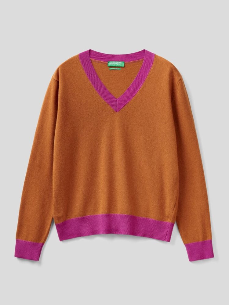 Benetton Cashmere Blend V-neck Truien Dames Oranje | BE849247