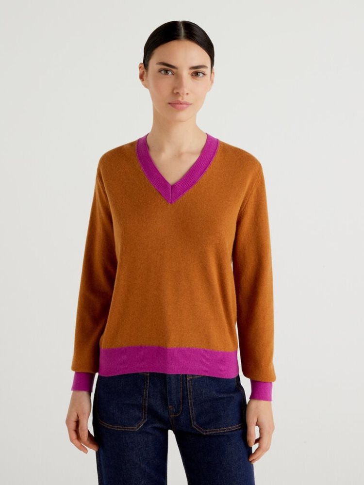 Benetton Cashmere Blend V-neck Truien Dames Oranje | BE849247