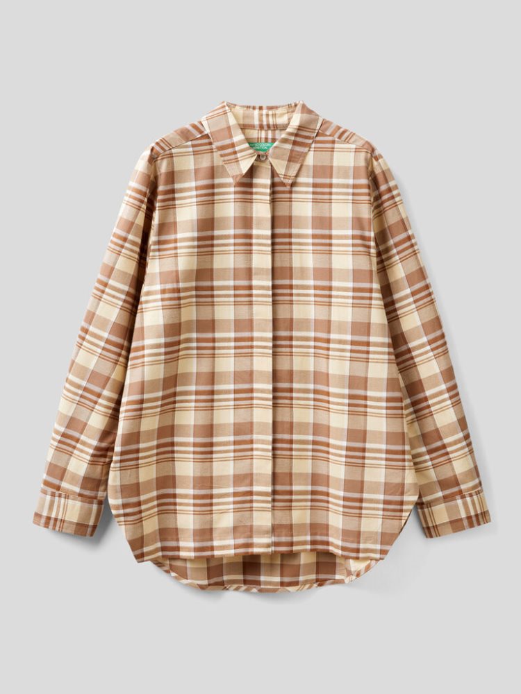 Benetton Check Flannel Overhemd Dames Bruin | BE303953