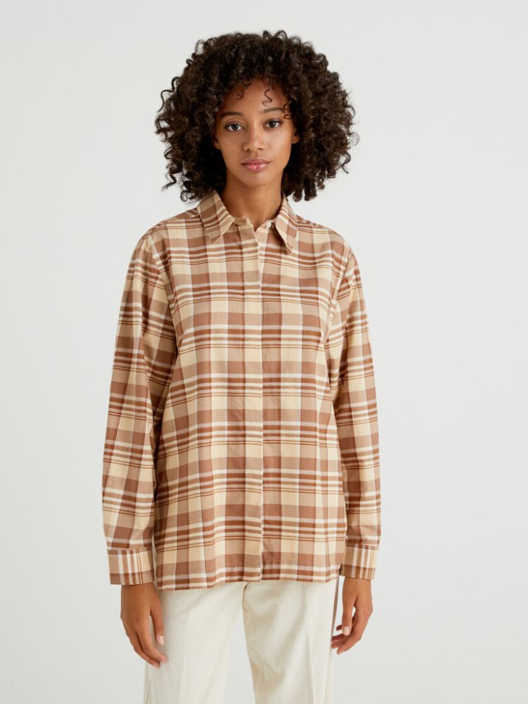 Benetton Check Flannel Overhemd Dames Bruin | BE303953