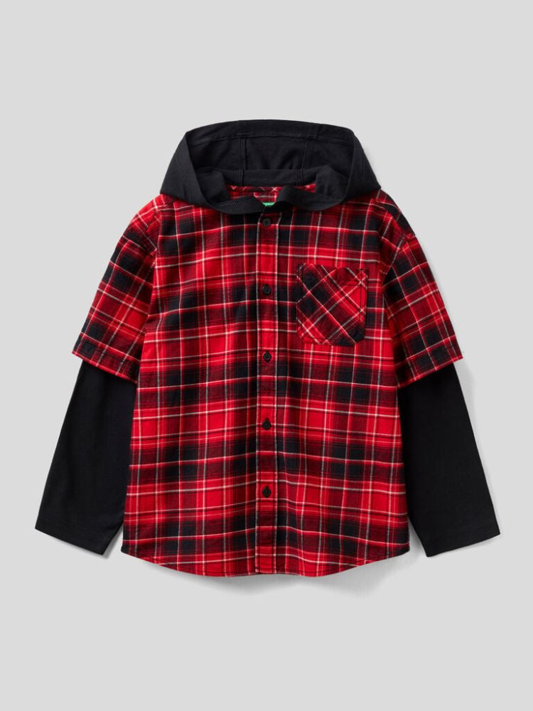 Benetton Check Hood Overhemd Kinderen Rood | BE210101