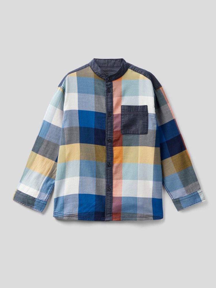 Benetton Check Mandarin Collar Overhemd Kinderen Blauw | BE987669