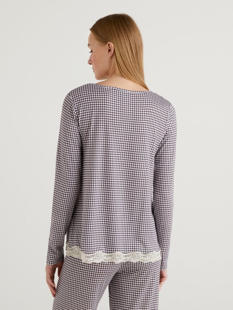 Benetton Check Sustainable Viscose T-shirts Dames Violet | BE715012