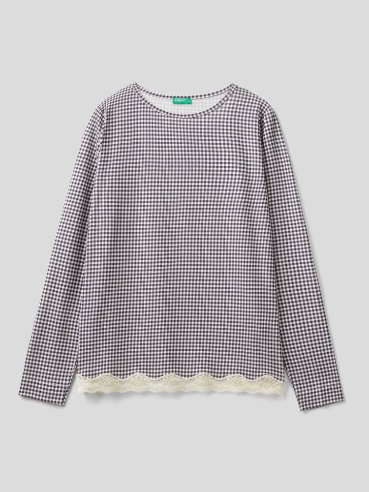 Benetton Check Sustainable Viscose T-shirts Dames Violet | BE715012